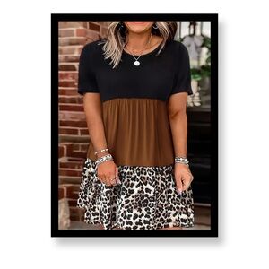 Plus Size Leopard Print Fitted Colorblock Dress
